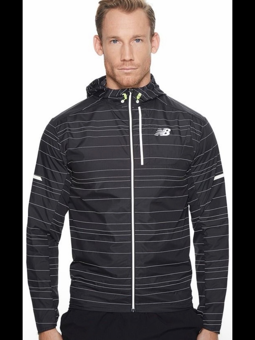 New Balance Black Pinstripe Lightweight Hooded Reflective Jacket